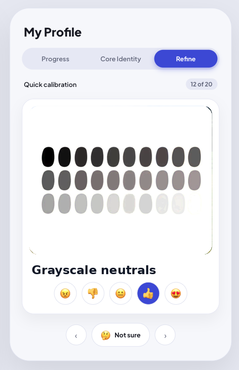 Alfred quick-calibration card asking the user to rate grayscale neutral color palettes
