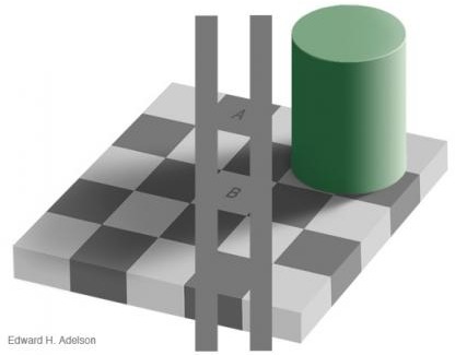 The same image with grey bars connecting squares A and B, revealing they are the same shade.